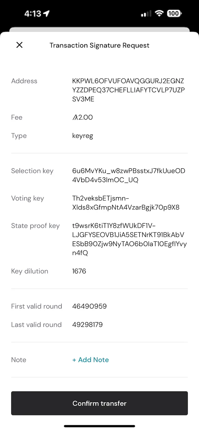 NodeKit key registration transaction in Pera